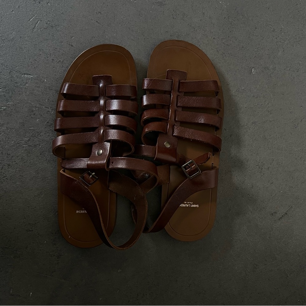 SAINT LAURENT Paris Brown Leather GLADIATOR Strap Flat Sandals EUR 44